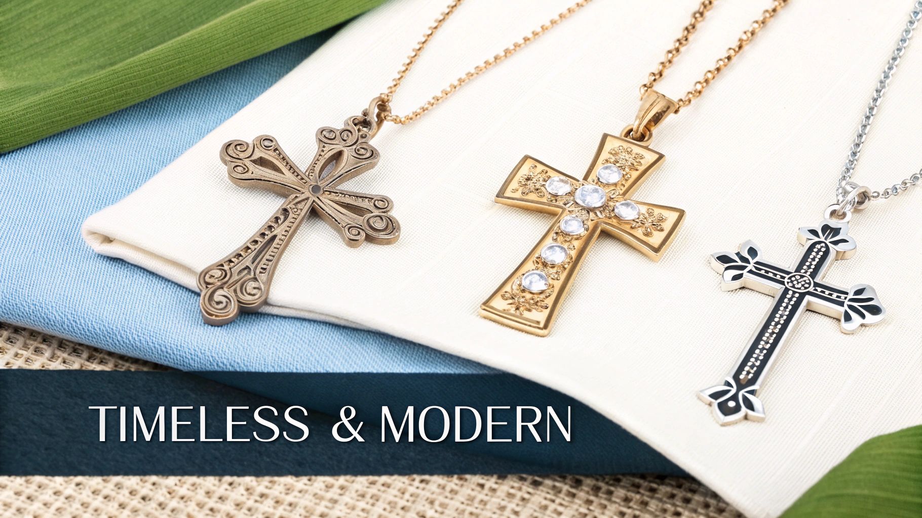 Three ornate cross necklaces in bronze, gold with gems, and silver with black enamel on textured fabric.