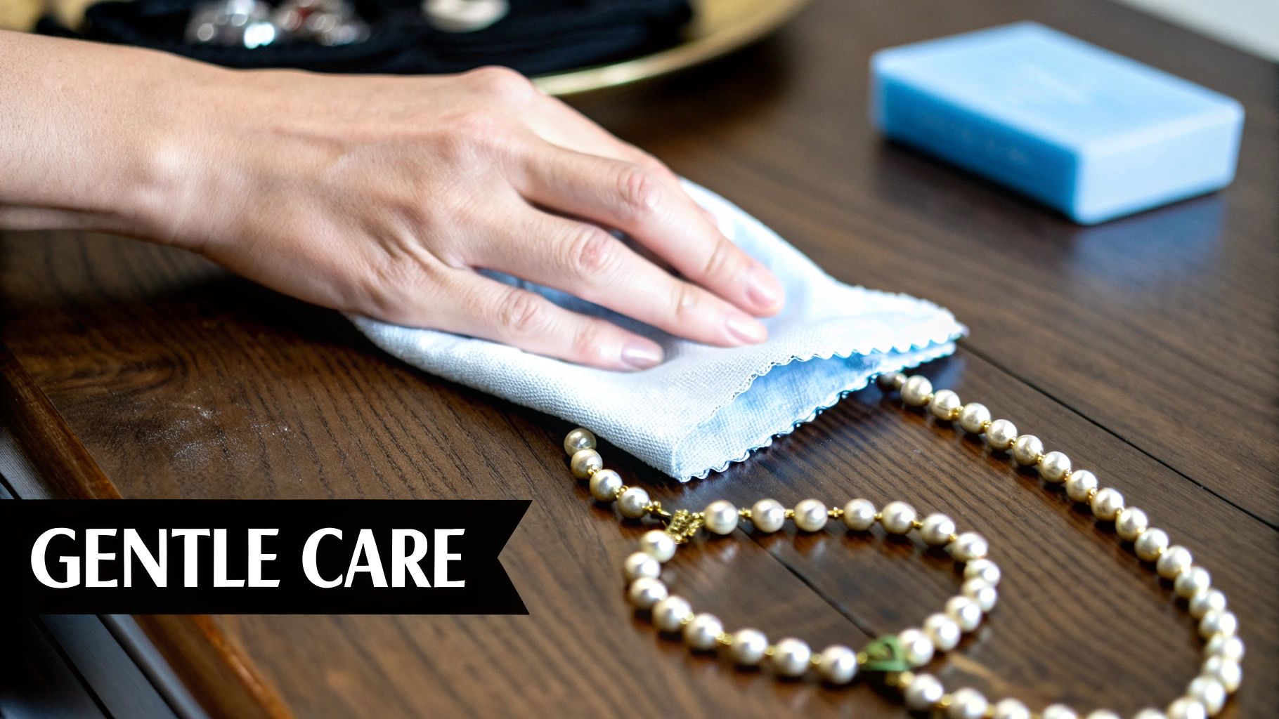 Close-up of a delicate birthstone necklace being gently wiped with a soft cloth