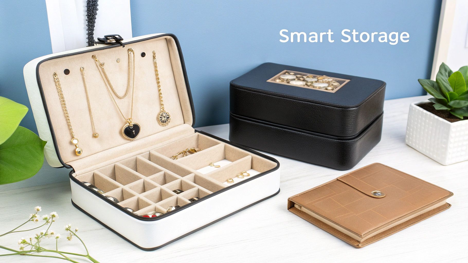 An open white jewelry box displays gold necklaces and rings, alongside a closed black jewelry organizer for smart storage.