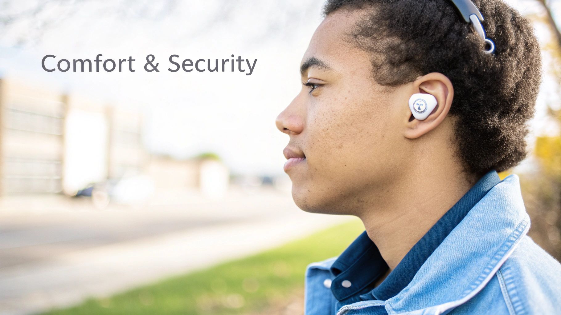 Young man wearing a white earbud with a logo, text 'Comfort & Security' overlaid.