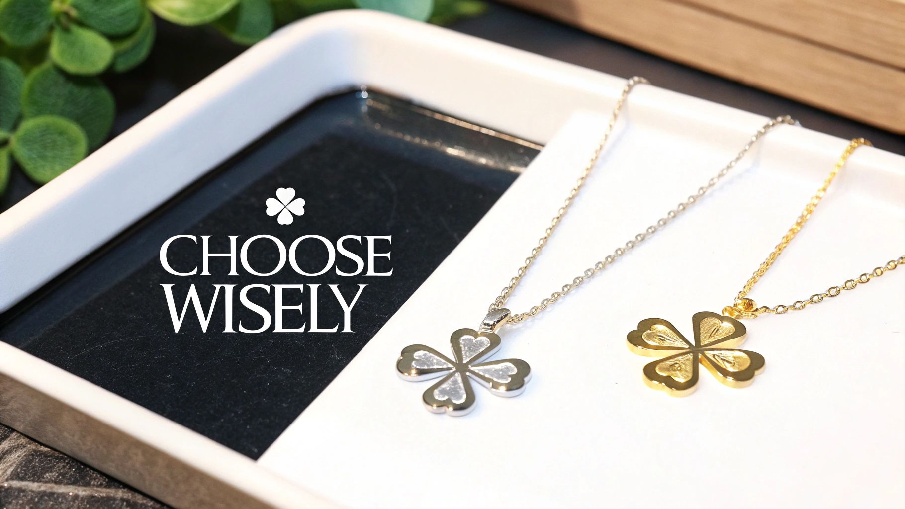 Two elegant four-leaf clover necklaces, one gold and one silver, displayed on a white tray with text.
