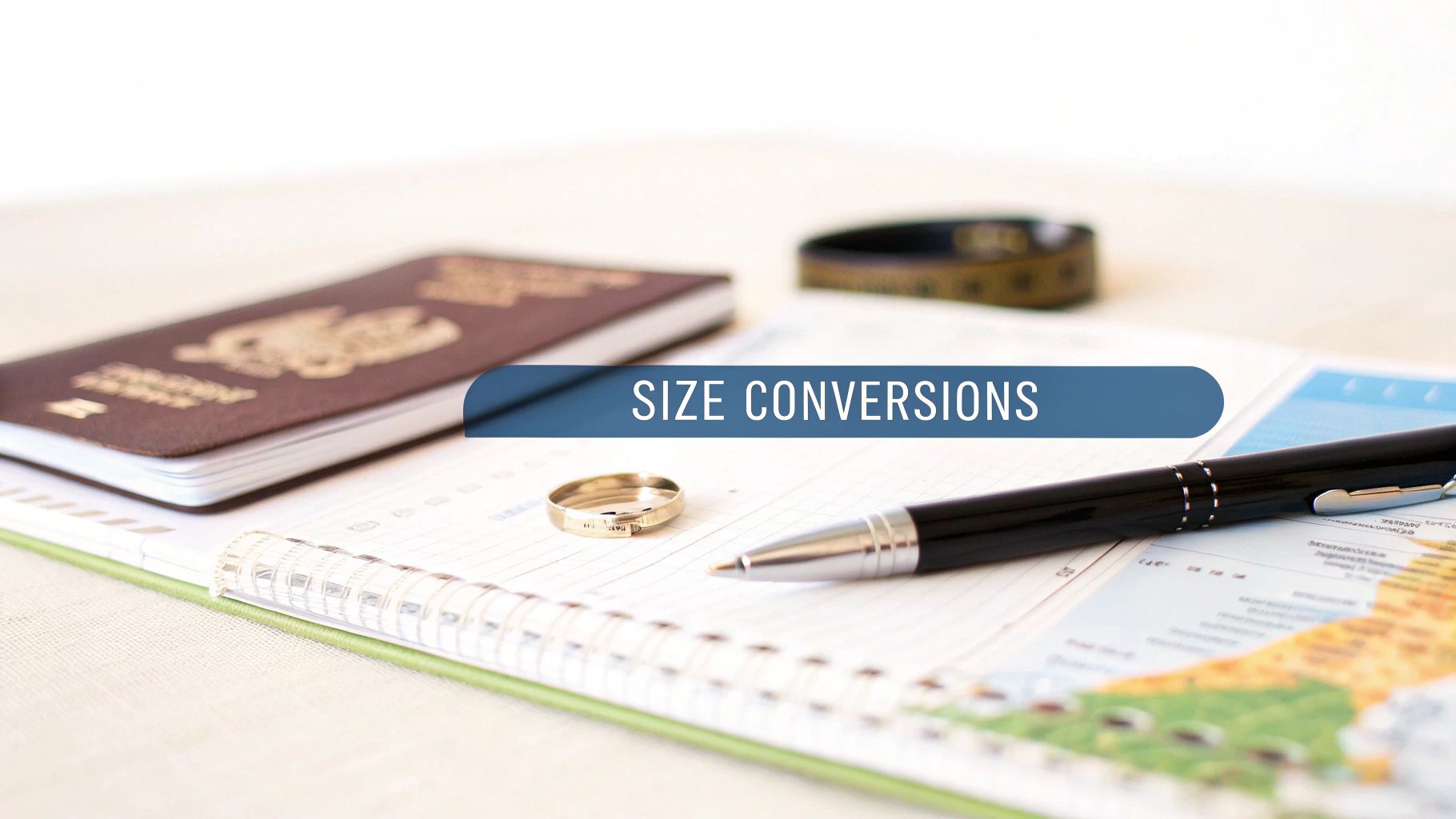 A passport, ring, pen, and notebook on a table, overlaid with a banner 'SIZE CONVERSIONS'.