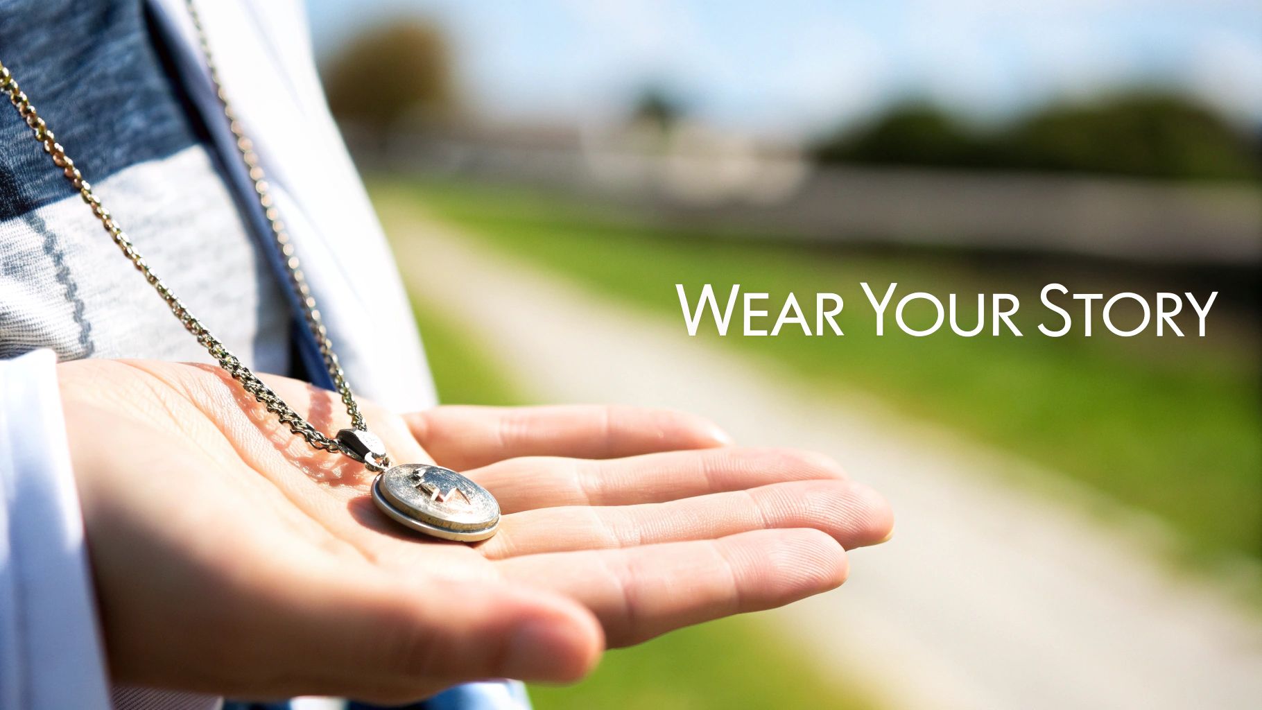 Close-up of a hand holding a silver pendant necklace, with 'WEAR YOUR STORY' text against a blurred outdoor background.