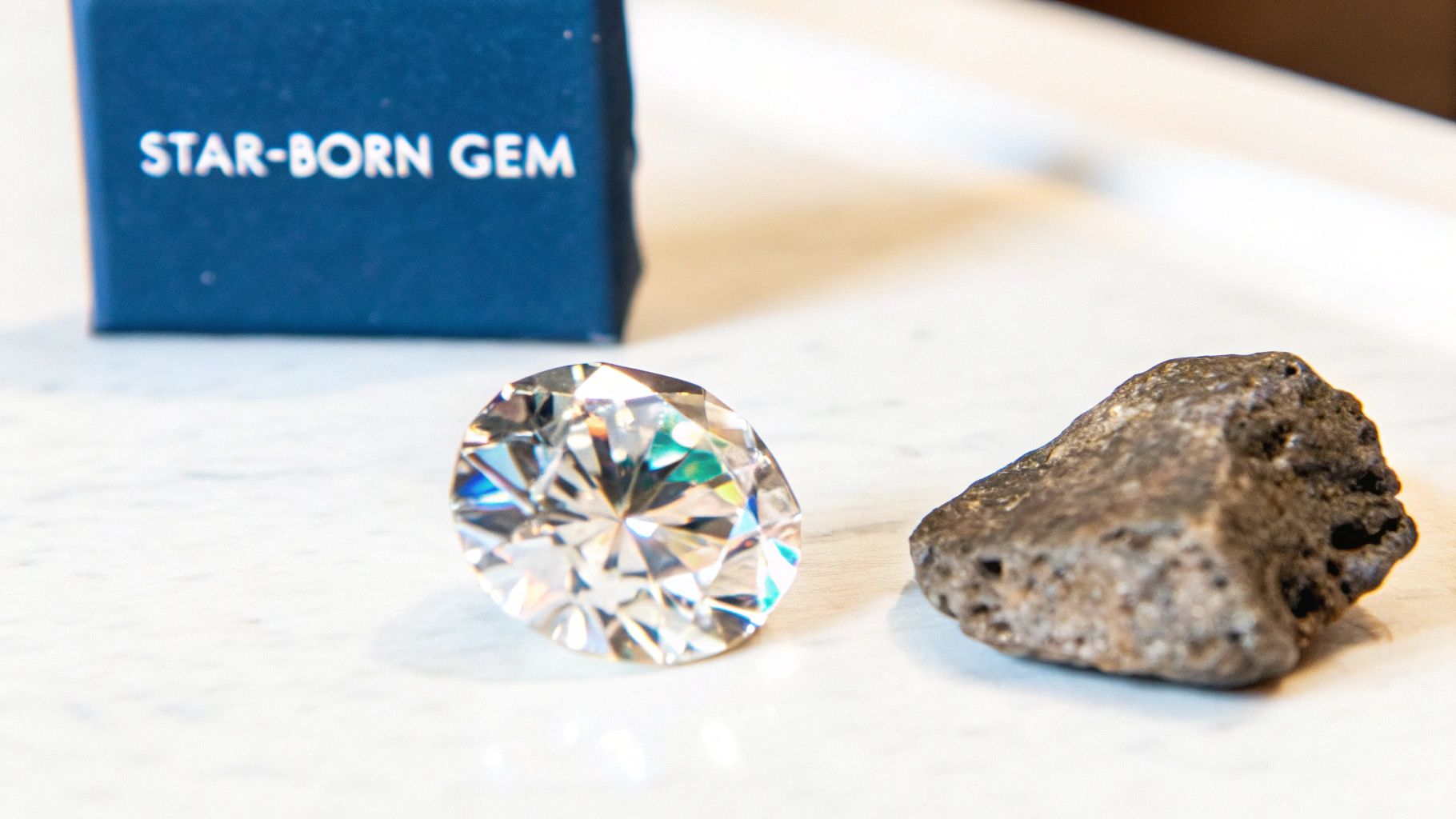 A sparkling, faceted moissanite gem next to a rough, dark rock and a 'STAR-BORN GEM' box.