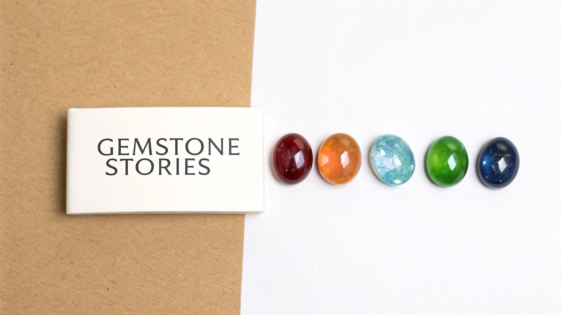 A white card with 'GEMSTONE STORIES' text next to five colorful oval gemstones in a row.
