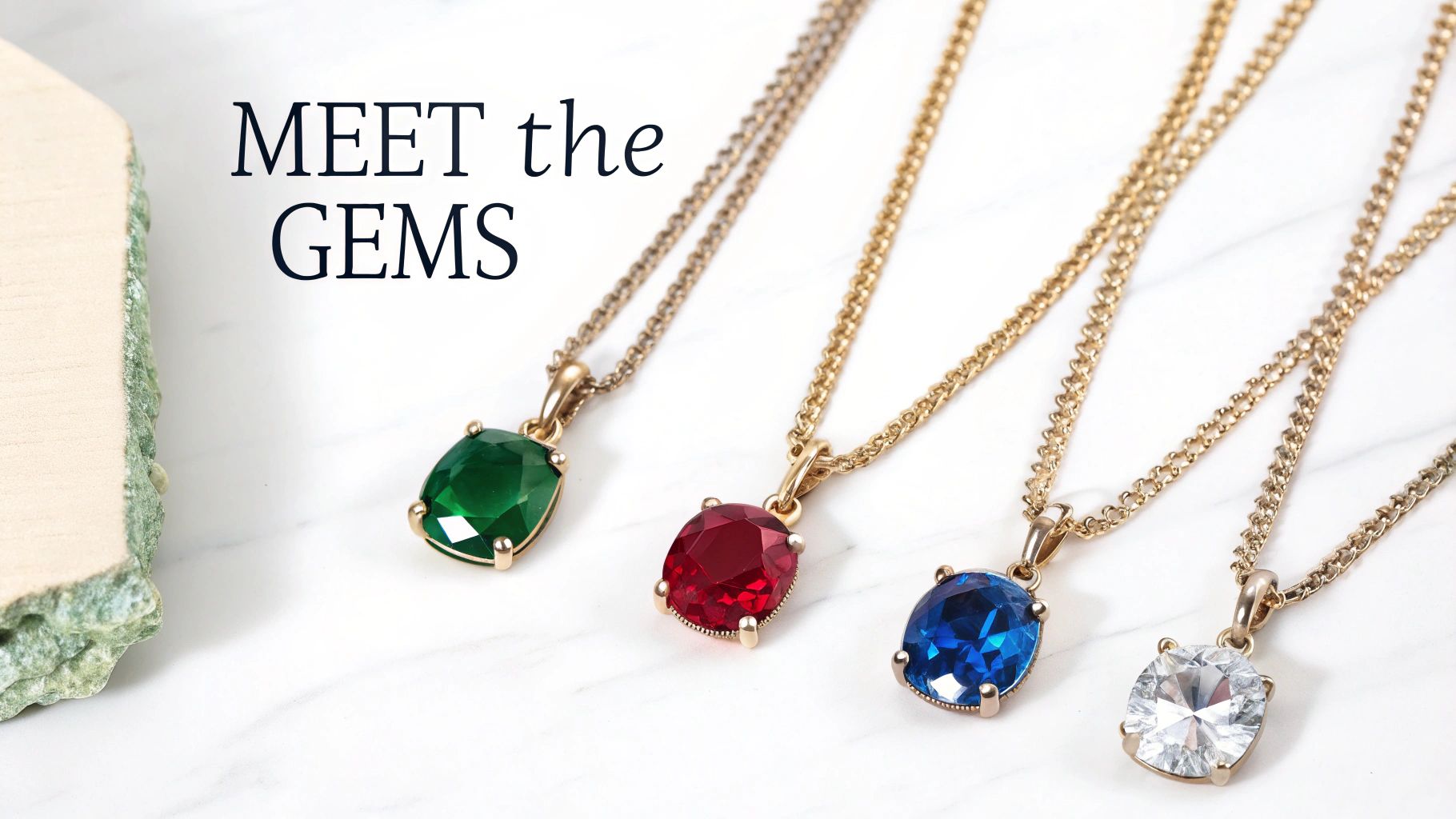 Four elegant gold chain necklaces with vibrant gemstone pendants on a white marble background.