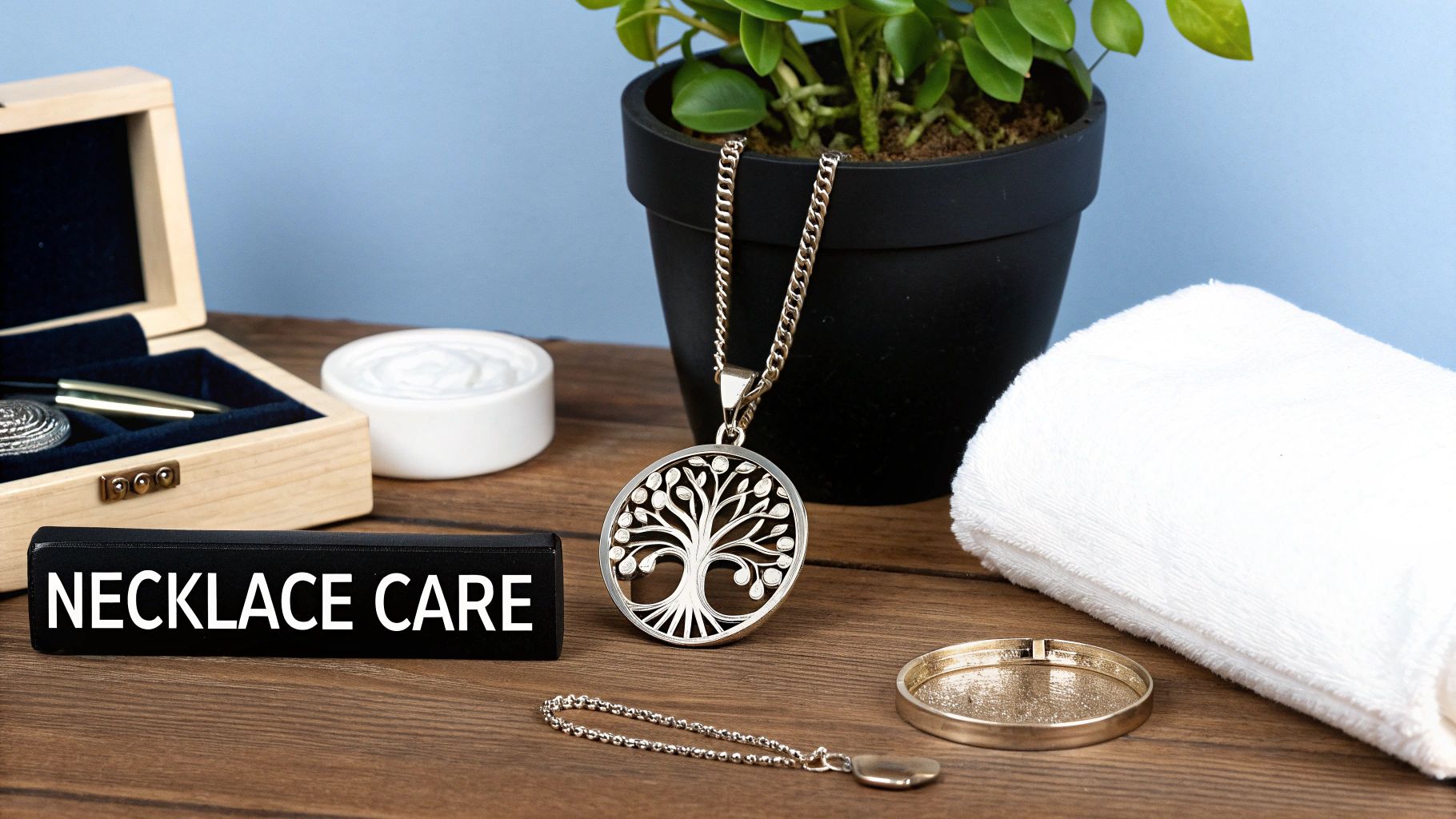 A woman with a thoughtful expression holding a Tree of Life birthstone necklace up to the light.