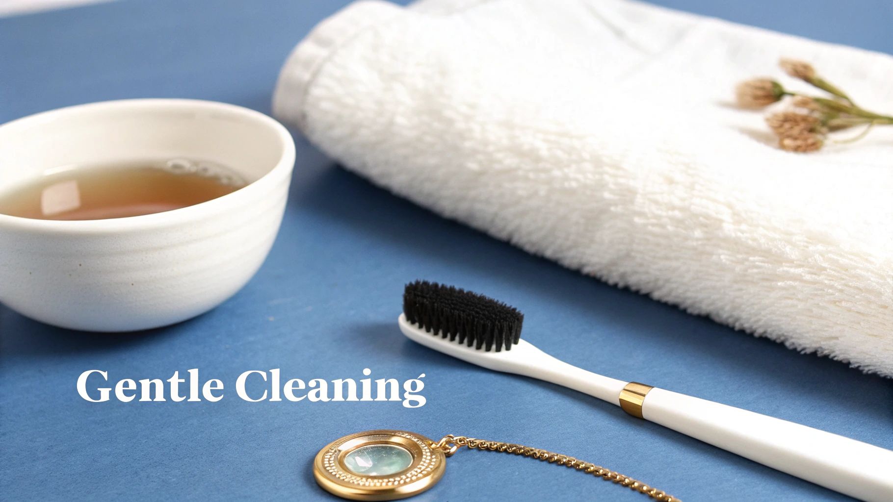 A toothbrush, gold locket, and bowl with liquid, suggesting gentle cleaning of jewelry.