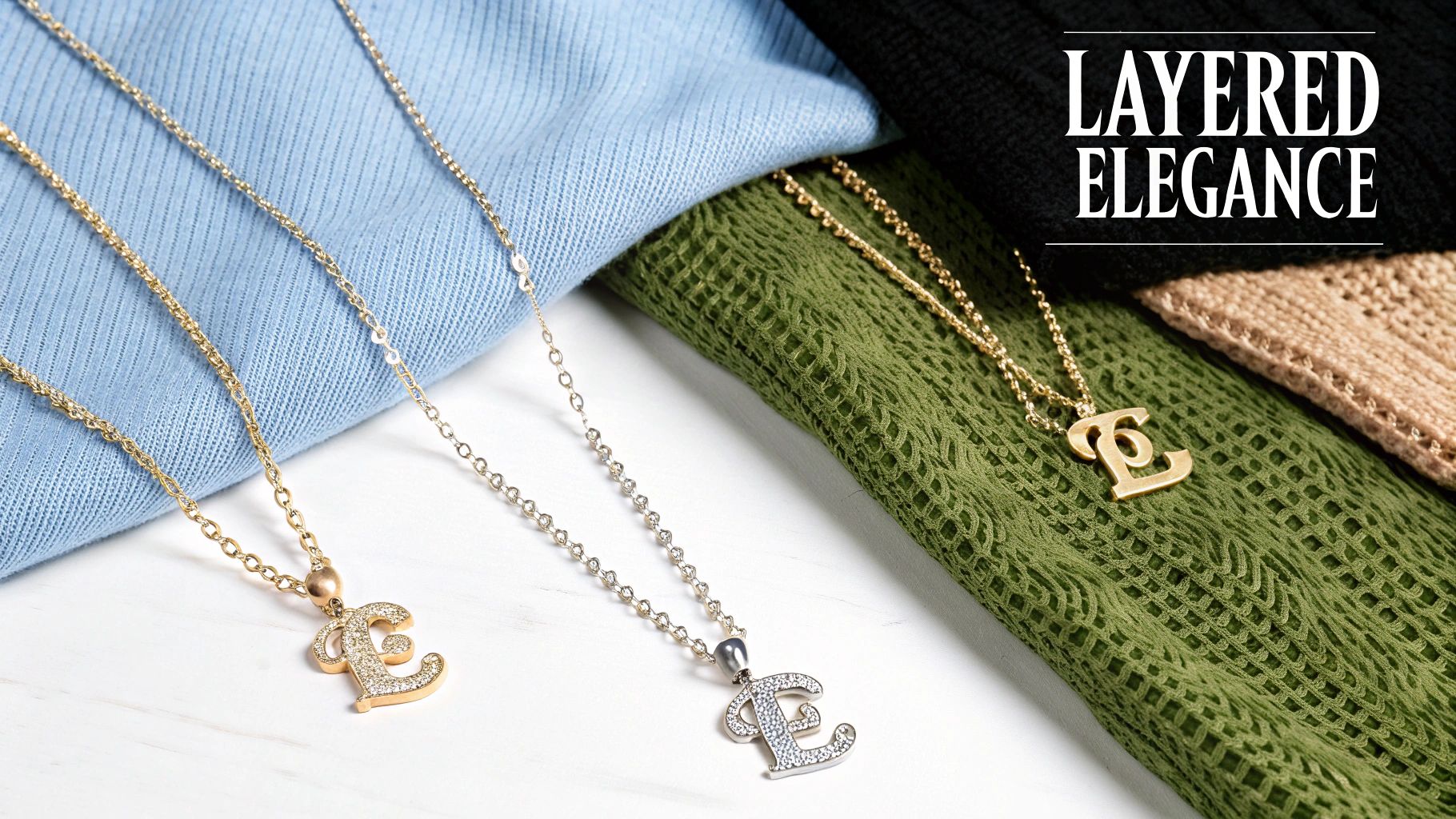 A woman showcases her layered custom initial necklaces against a simple top.