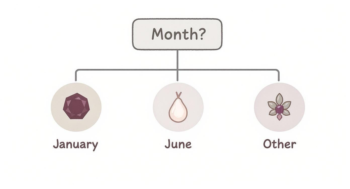 A flowchart showing options for birth month: January (garnet), June (pearl), and Other (floral gemstone).