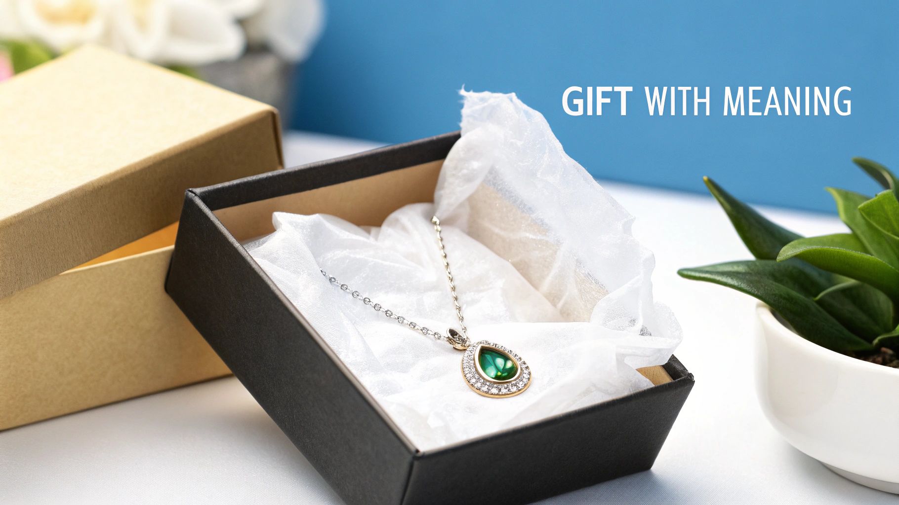 An elegant silver necklace with a green teardrop-shaped birthstone pendant inside an open black gift box.