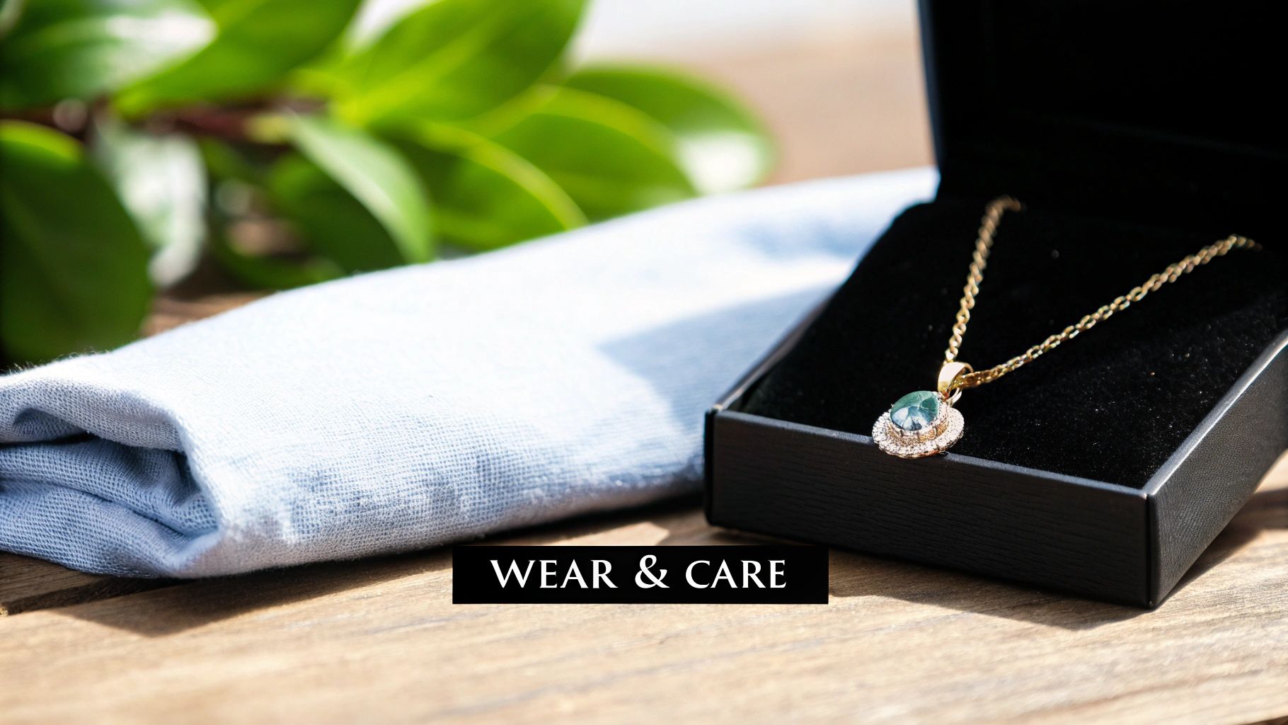 Gold necklace with aquamarine birthstone pendant displayed in black jewelry box with blue cloth