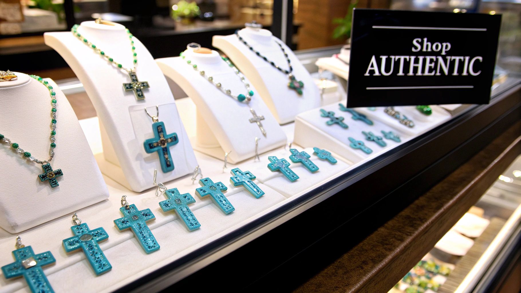 A turquoise cross necklace resting on a soft, white cloth next to a jewelry box.