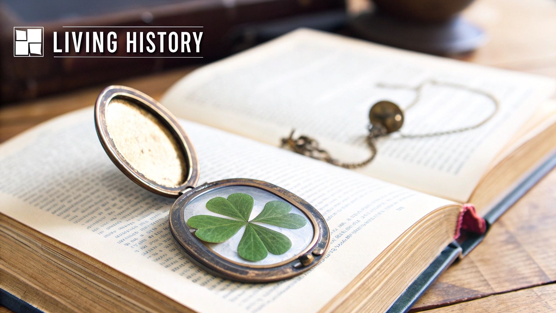 An open book displays an antique locket containing a pressed four-leaf clover, symbolizing history and luck.