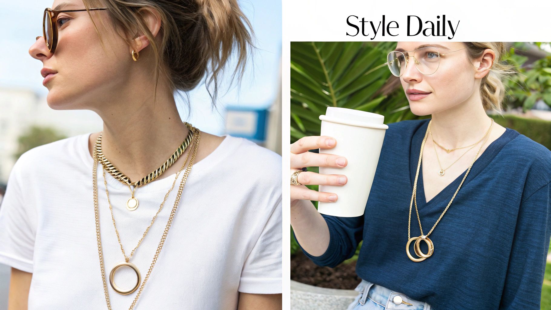 Two women showcase gold layered necklaces, earrings, and a ring, highlighting stylish everyday jewelry.