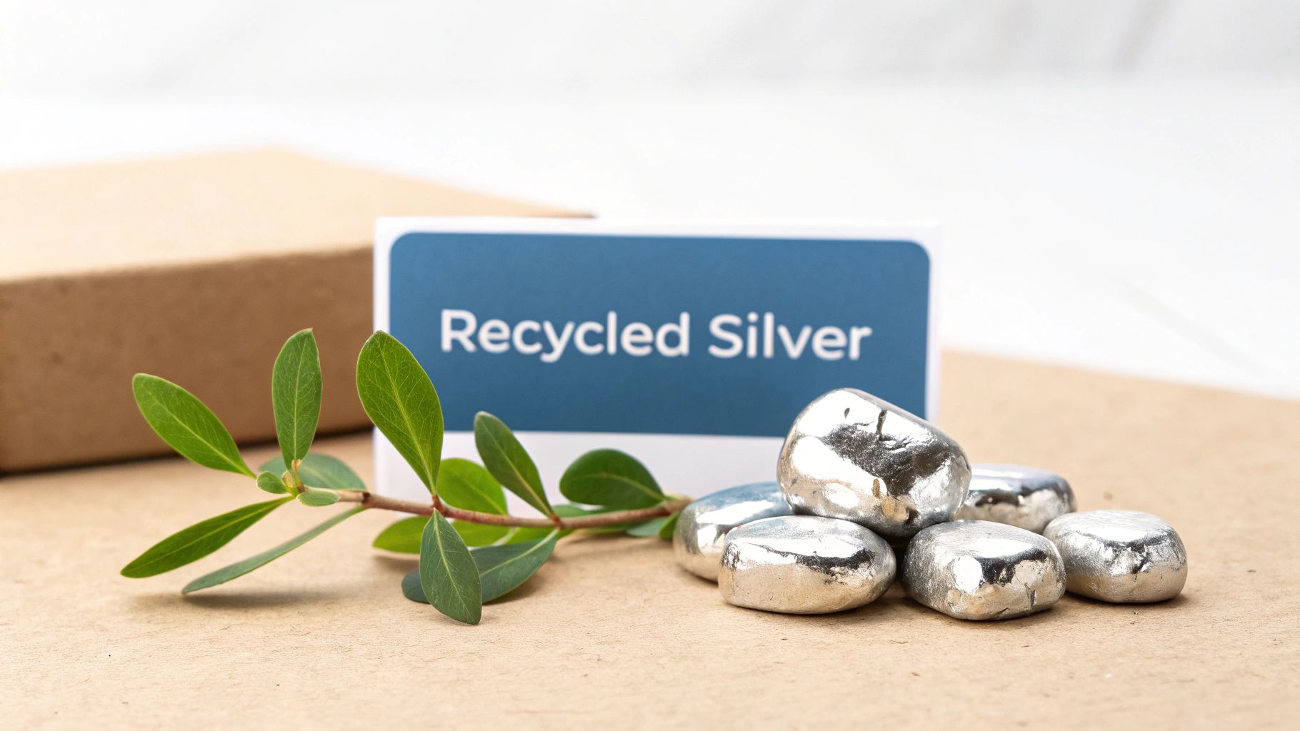Recycled silver nuggets and a green plant branch beside a 'Recycled Silver' sign on a brown surface.