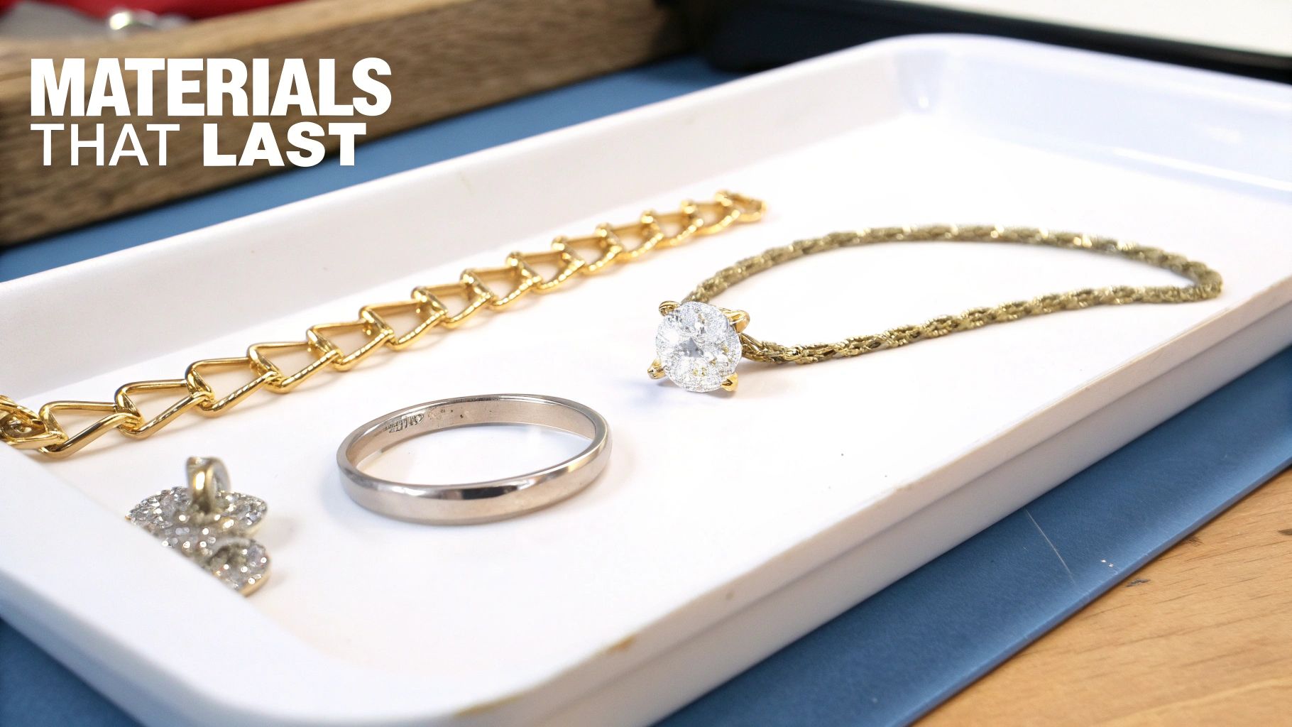 Gold chains, a diamond pendant, and a silver ring on a white tray, representing lasting materials.