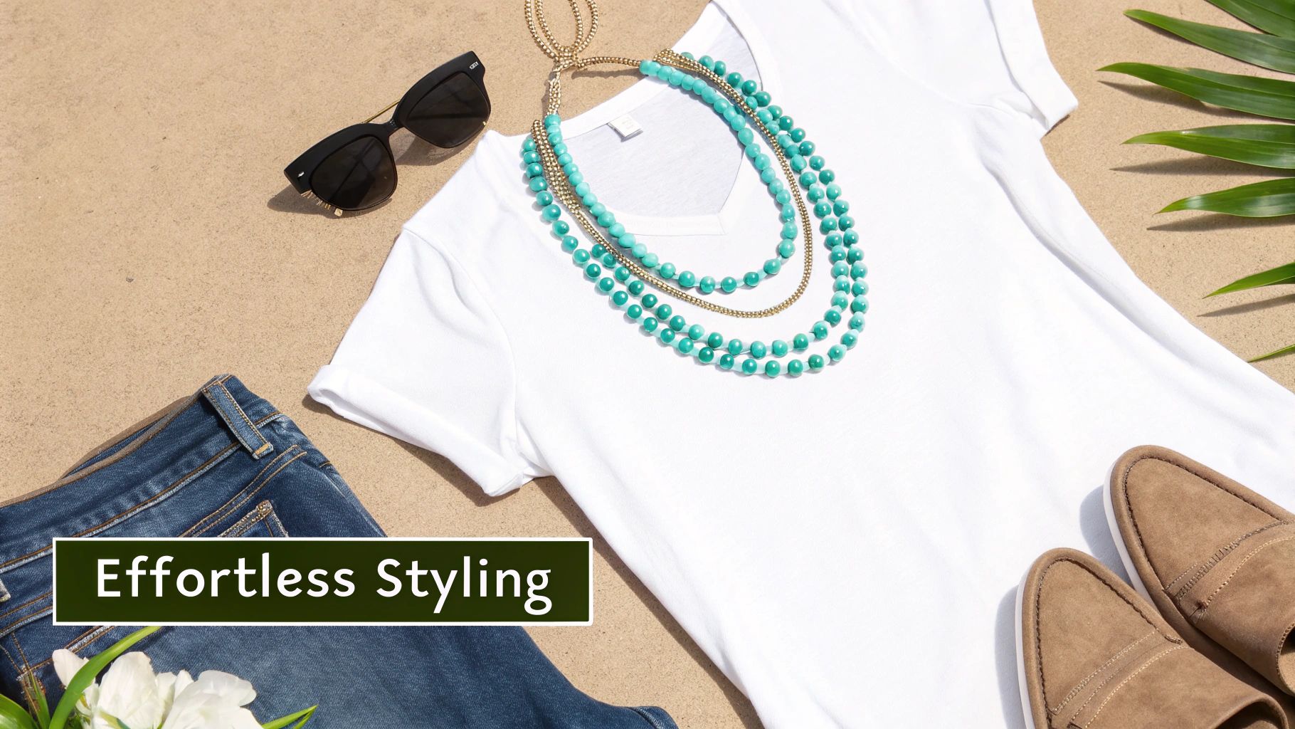 A stylish flat lay of a white t-shirt, turquoise necklace, jeans, sunglasses, and brown shoes on sand.