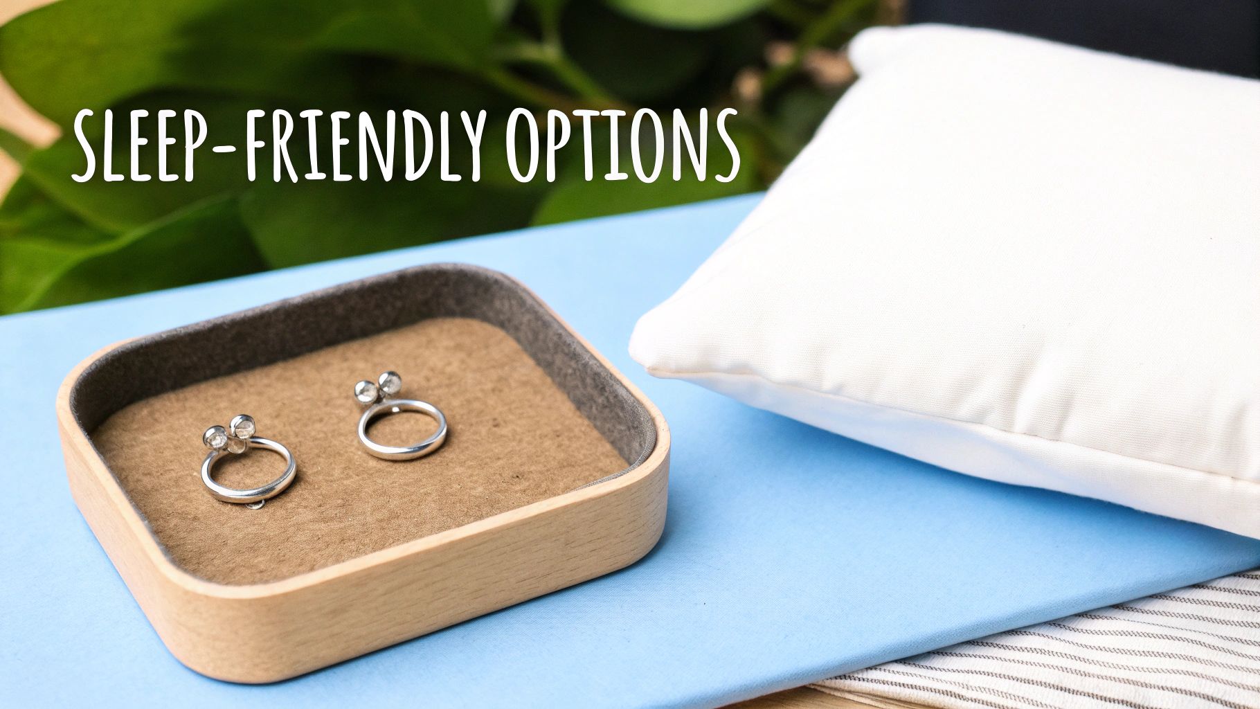 Sleep-friendly options: two silver rings in a wooden tray beside a white pillow on blue fabric.
