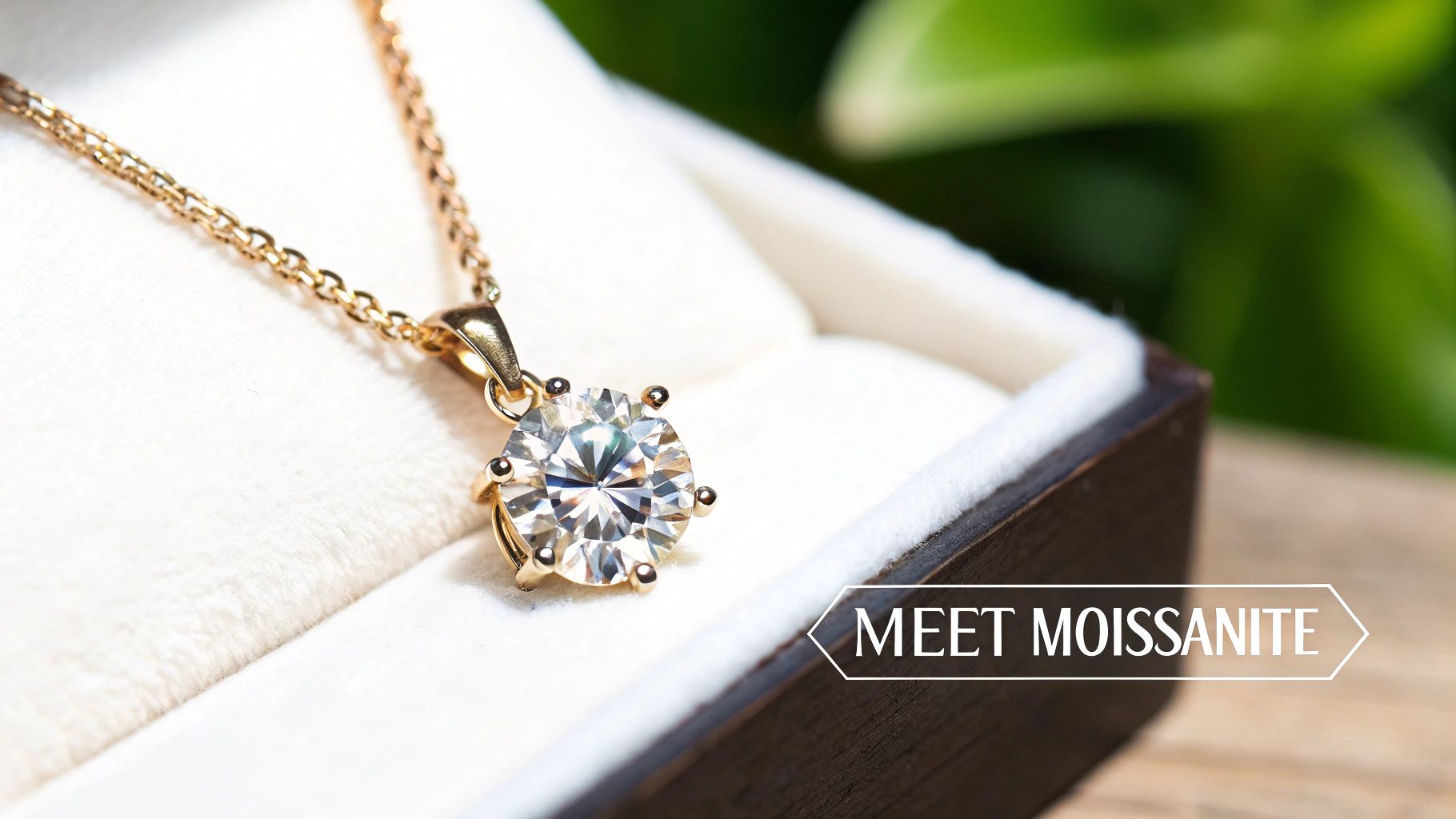 A sparkling round moissanite pendant on a gold chain necklace, showcased in an open jewelry box.