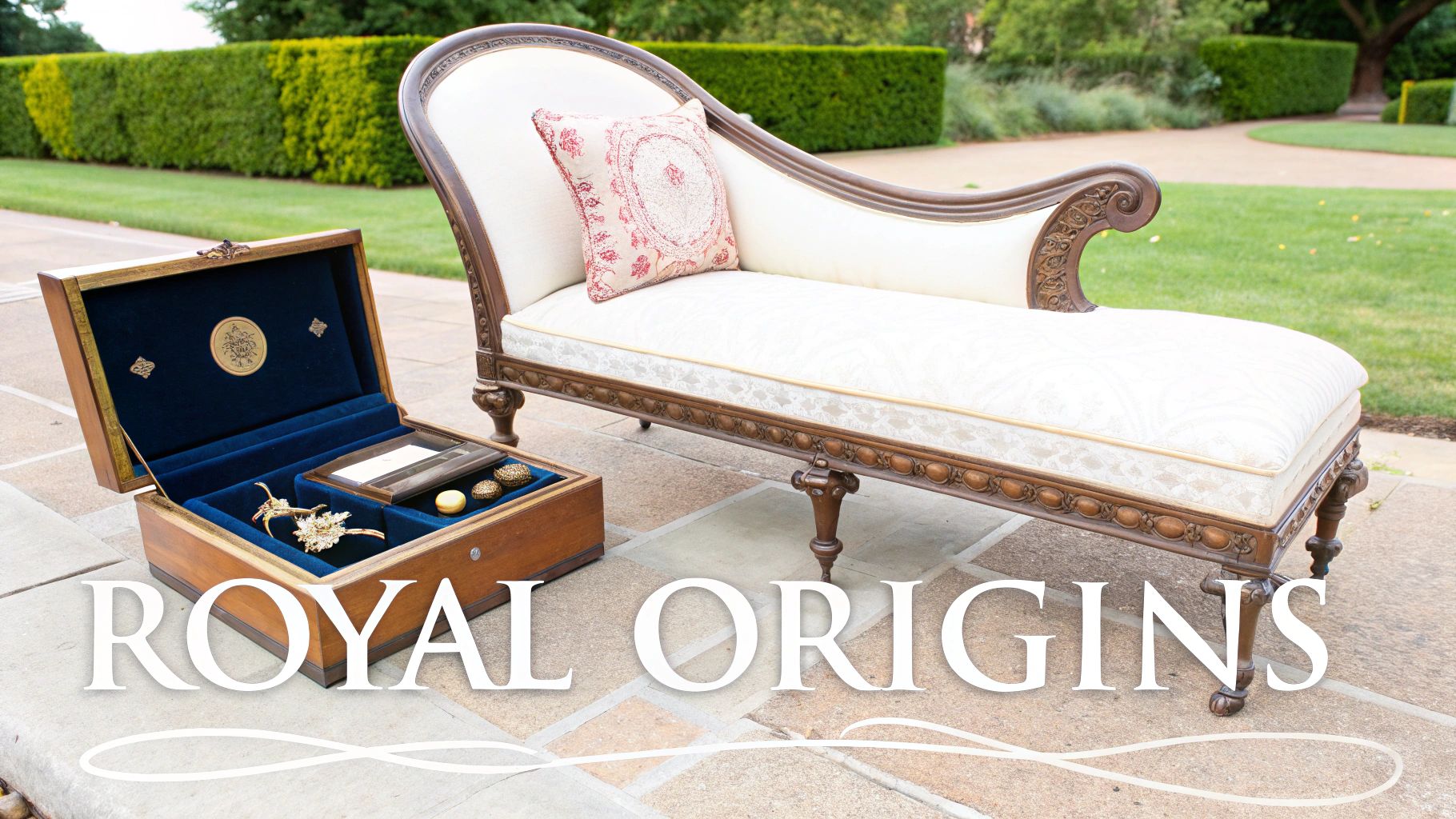 An open ornate wooden jewelry box with jewels next to an elegant white chaise lounge outdoors.