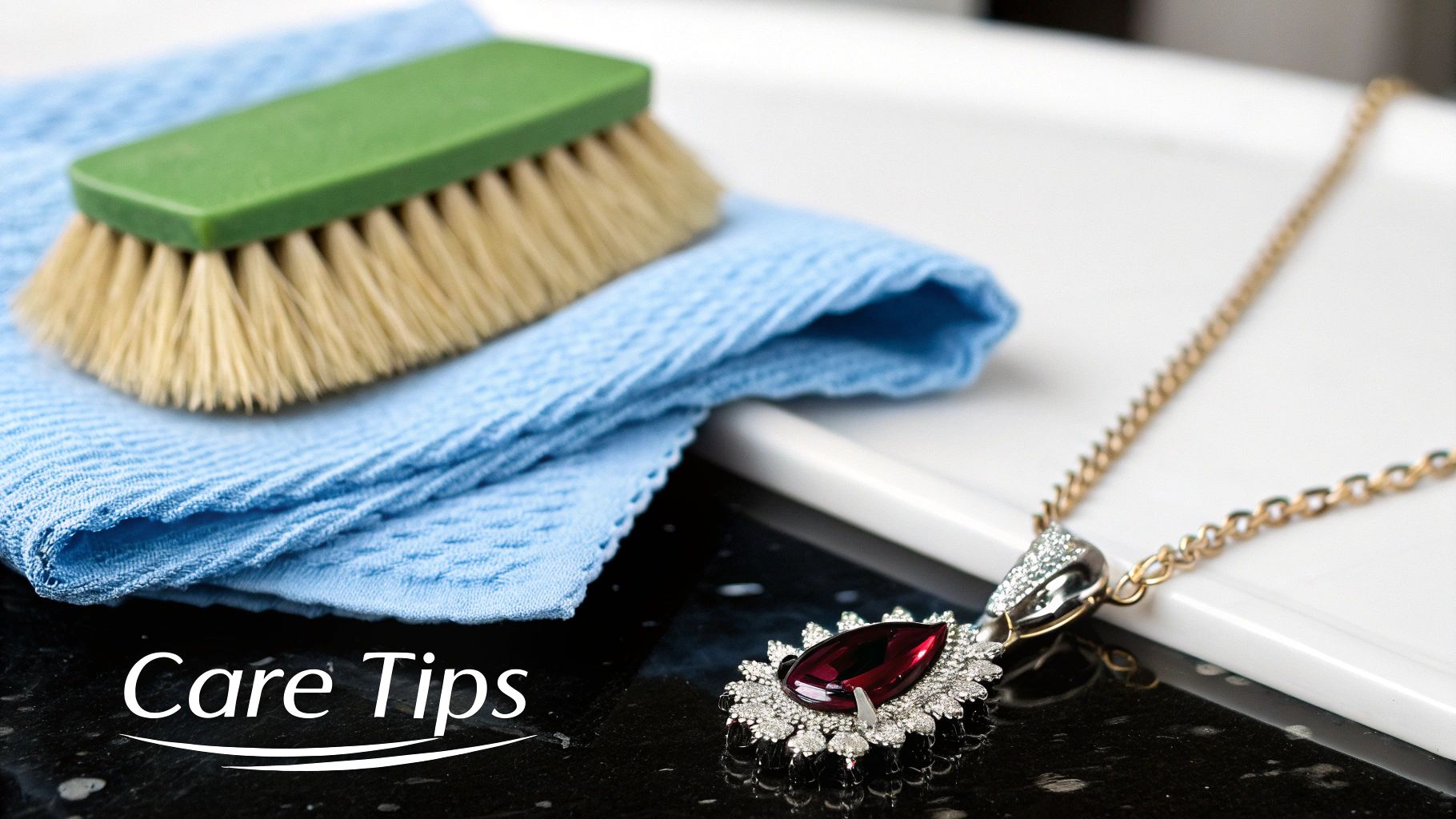 Jewelry care tips featuring ruby birthstone necklace with cleaning brush and microfiber cloth