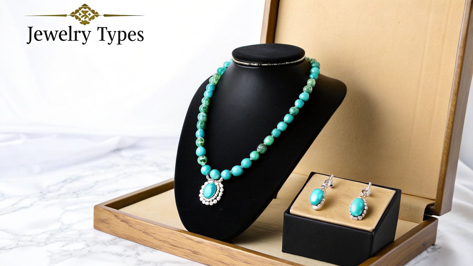 A woman wearing a turquoise necklace that complements her outfit and skin tone.