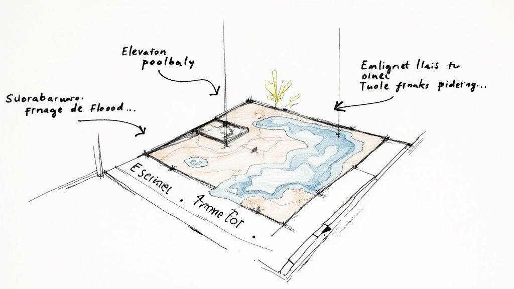 A hand-drawn architectural sketch illustrating a pool design with notes on elevation and flood protection.