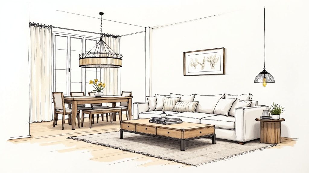 A cozy watercolor sketch of an open-plan living room and dining area in a country home.