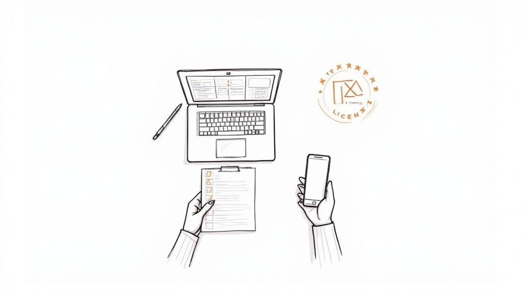 An overhead sketch of a workspace with laptop, hands holding a checklist, smartphone, and a 'LICENS' stamp.