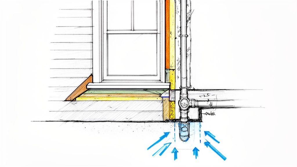 Architectural sketch detailing building wall section, window, and foundation drainage system with water arrows.