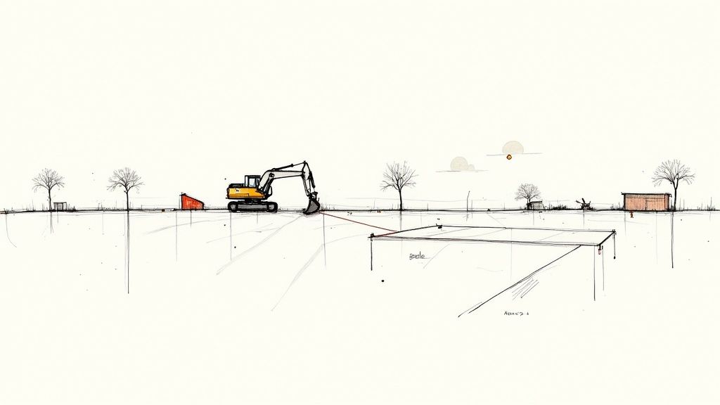 Minimalist sketch showing an excavator working on a new construction site with trees and sheds.