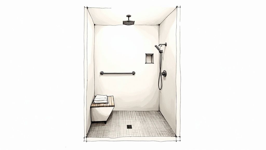 A well-lit sketch of a modern, accessible shower with a bench, grab bar, and multiple shower heads.