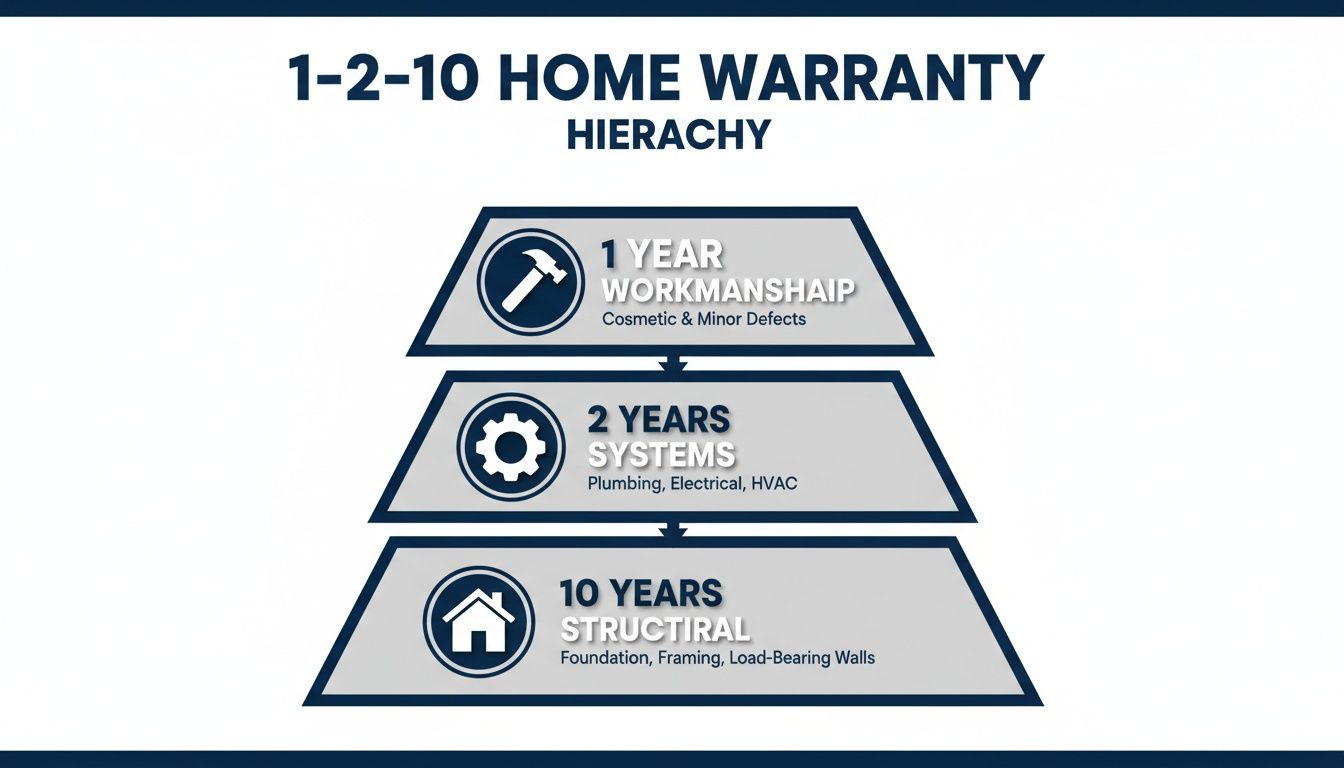 A 1-2-10 home warranty hierarchy detailing coverage for workmanship, systems, and structural defects.