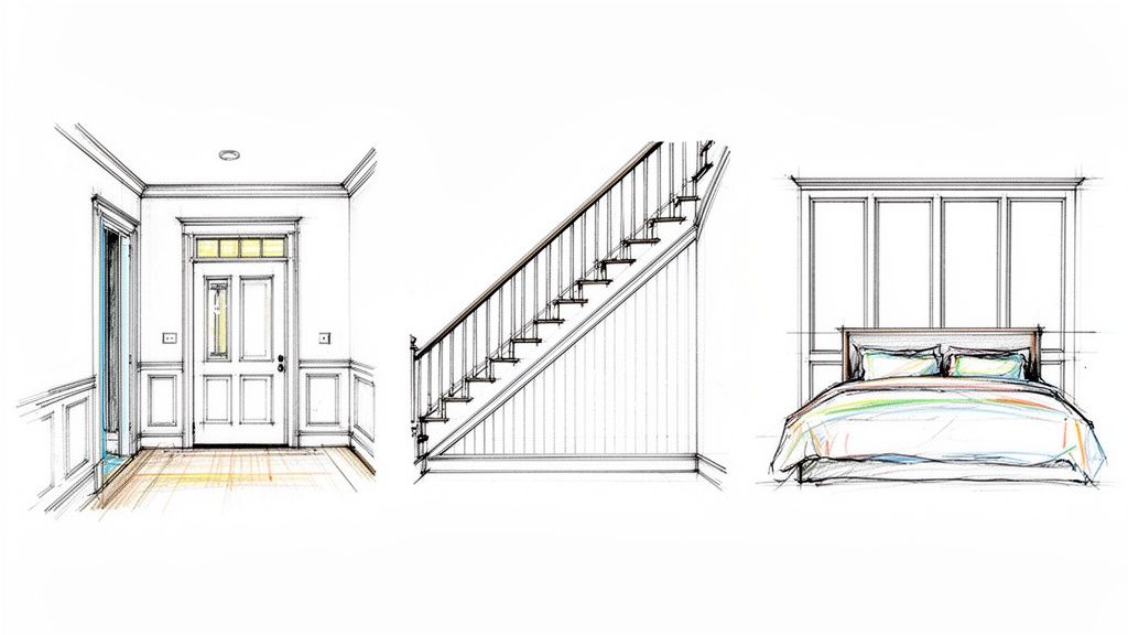 Architectural sketches depicting interior design elements, including wainscoting in an entryway, staircase, and bedroom.