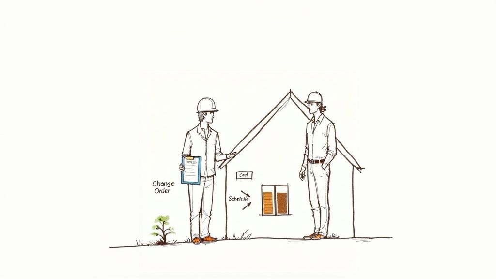 Two construction workers in hard hats discuss a change order document, pointing at a house outline with labels for cost and schedule.
