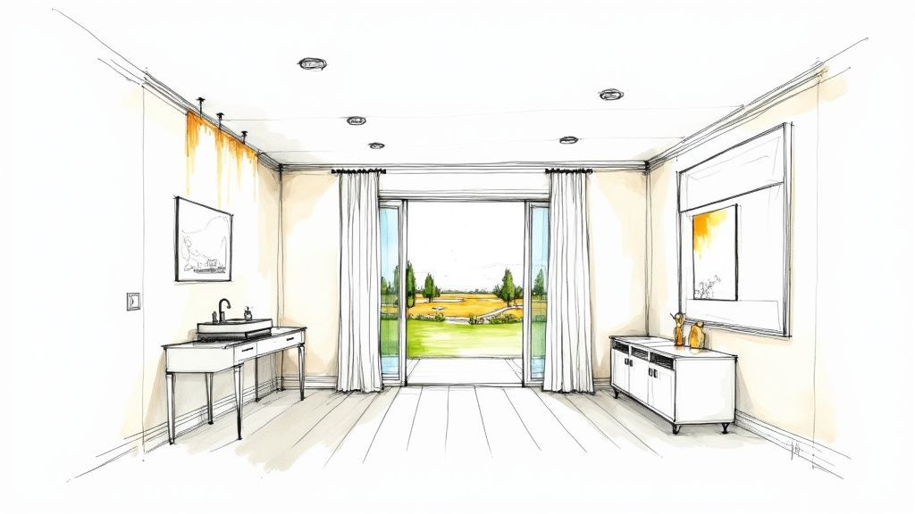 Modern open floor plan interior with kitchen vanity, large windows, and view of outdoor landscape