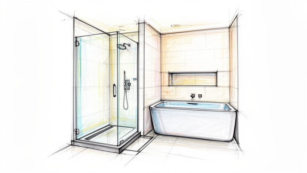 Detailed sketch of a modern bathroom showcasing a glass shower, sleek bathtub, and integrated shelf.