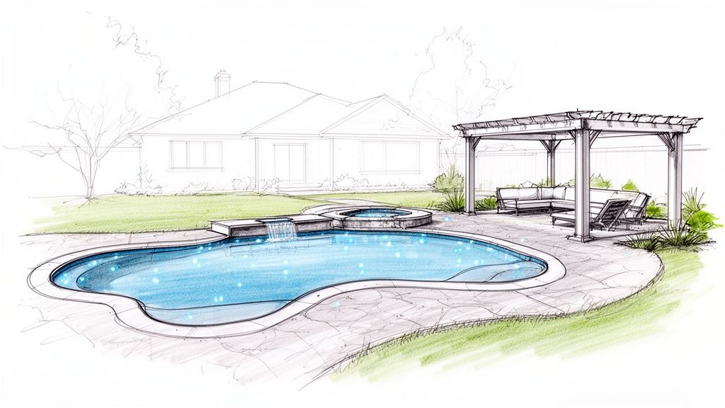 A hand-drawn architectural rendering of a backyard featuring a pool, hot tub, and pergola next to a ranch-style home.