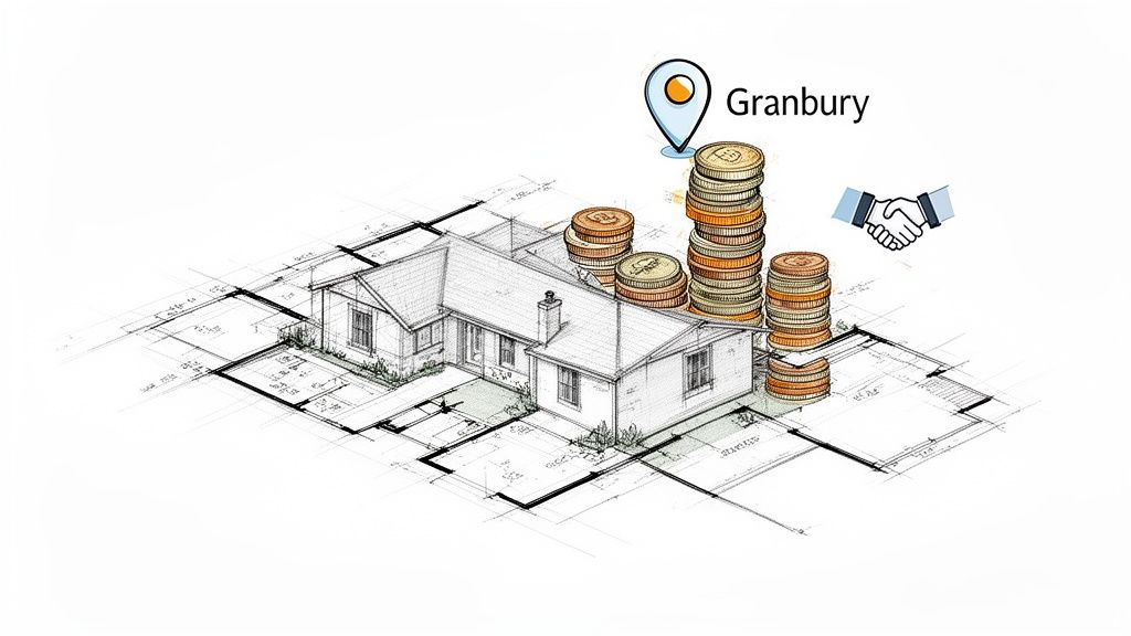 A sketched house on blueprints with stacks of money, a Granbury location pin, and a handshake symbol.
