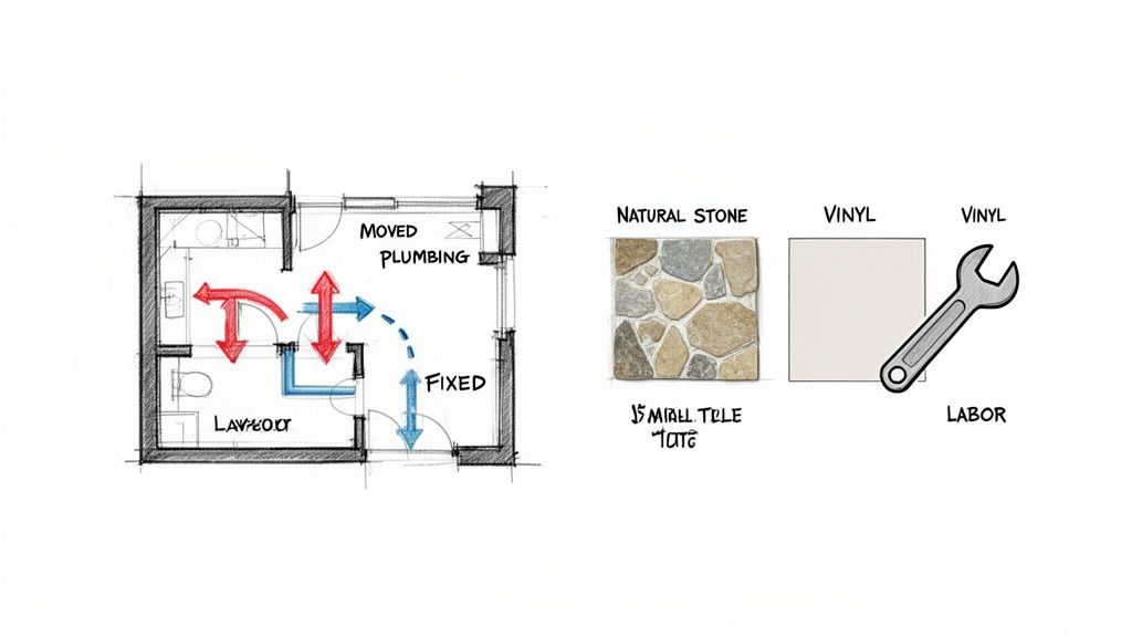 A diagram illustrating a bathroom remodel layout with moved plumbing, fixed elements, natural stone, vinyl samples, and labor costs.