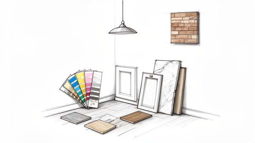 Hand-drawn sketch of interior design elements, showcasing color swatches, flooring, marble, brick, and cabinet samples.