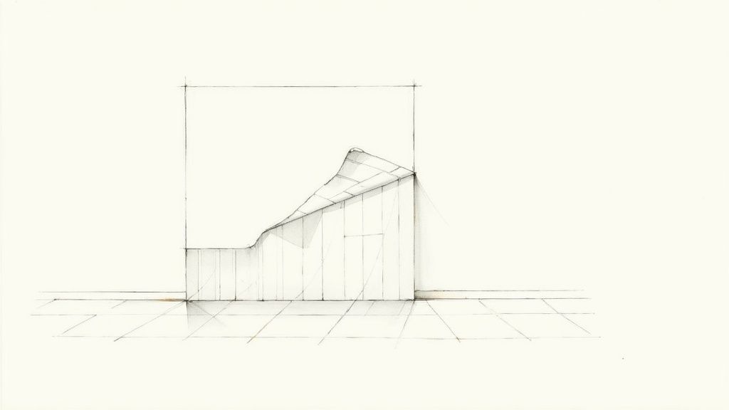 Minimalist architectural sketch featuring a wall with a curved, peeling top and tiled floor.