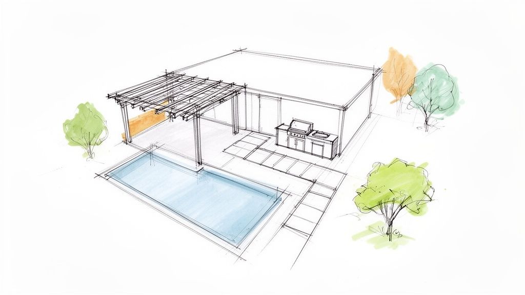 Architectural sketch of a modern backyard with a pool, pergola, outdoor kitchen, and surrounding trees.