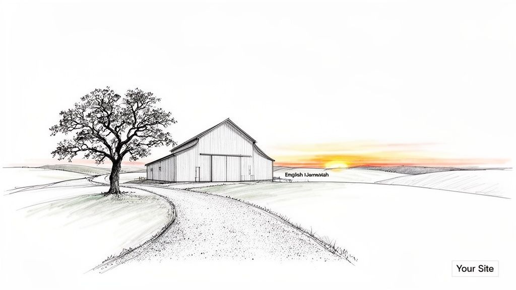 A picturesque sketch of a rural barn and large tree at sunset, with a winding road.