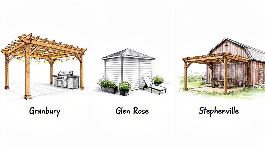Sketches of three outdoor structures: Granbury pergola with lights and grill, Glen Rose cabana, and Stephenville pergola near a barn.