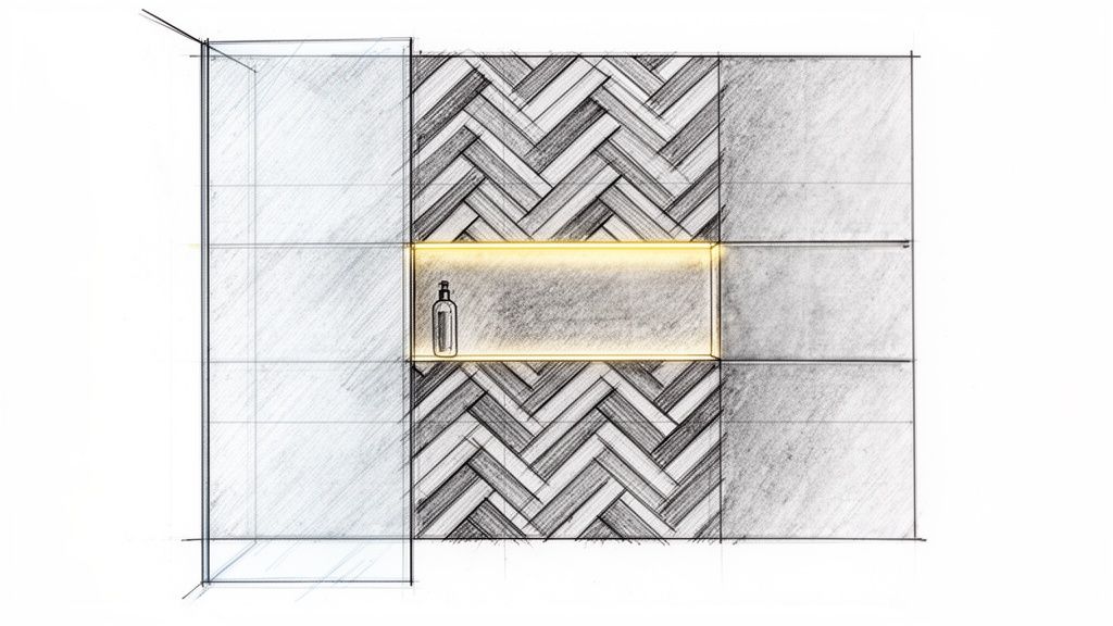 Architectural sketch showcasing a modern bathroom wall with herringbone tile, illuminated niche, and glass shower.