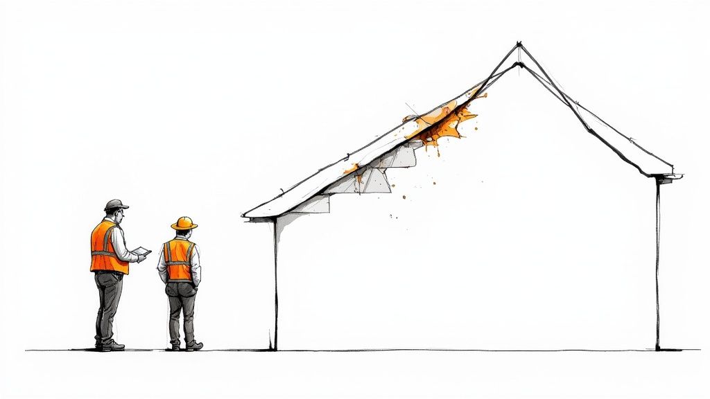 Two workers in safety vests inspect a stylized house outline with a damaged, leaking roof.