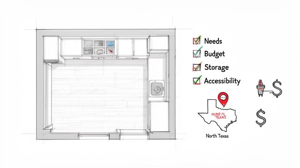 A hand-drawn sketch of a kitchen or utility room layout with cabinets, a checklist, and a map of North Texas.