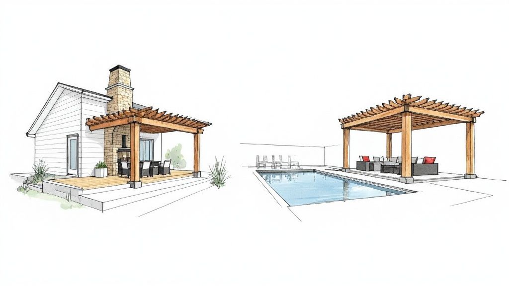 Architectural sketch illustrating a house with a pergola-covered patio and a poolside pergola with lounge furniture.